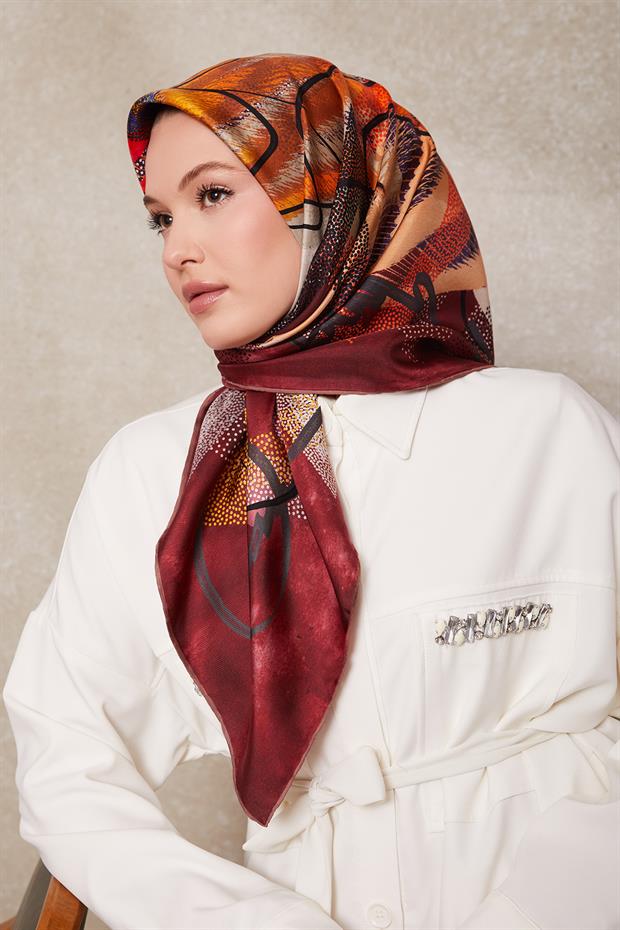Bordo Karışık Benek Desen Twill İpek Eşarp