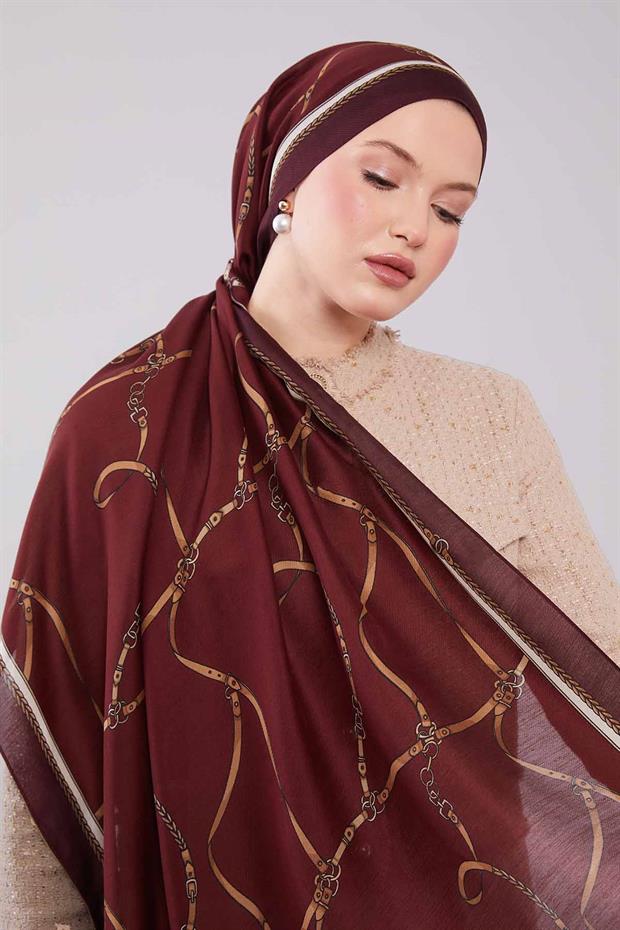 Bordo Kemer Desenli Yün İpek Şal