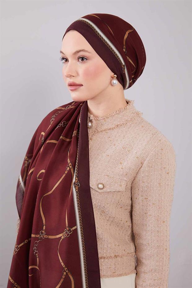 Bordo Kemer Desenli Yün İpek Şal