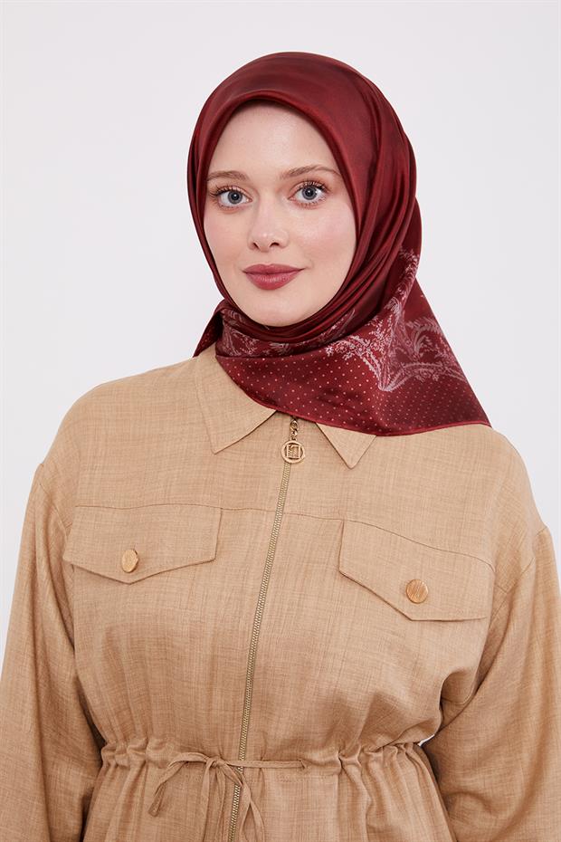 Bordo Kenar Benekli Twill İpek Eşarp