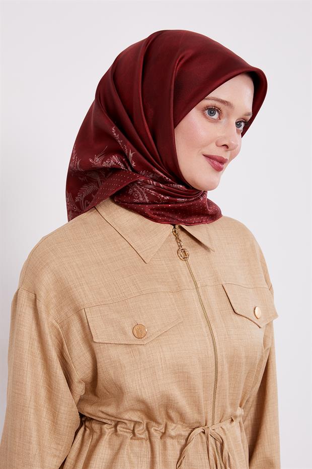 Bordo Kenar Benekli Twill İpek Eşarp