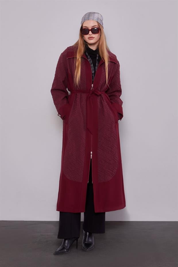 Bordo Kendinden Desenli Fermuarlı Kap