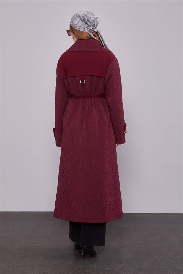 Bordo Kendinden Desenli Fermuarlı Kap