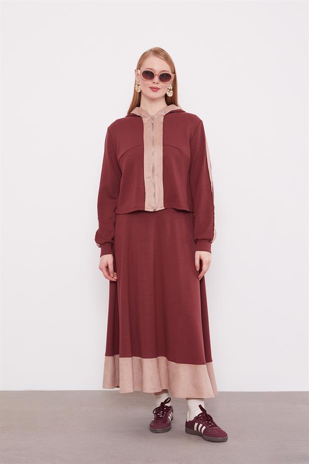 Bordo Kısa Hırkalı Fermuar Kapamalı Etek Takım