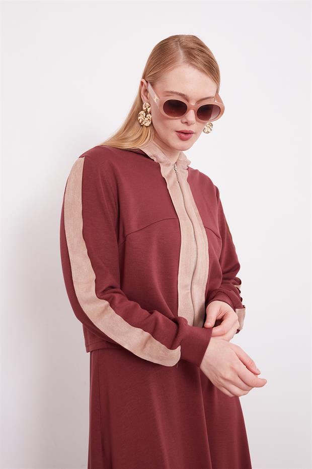 Bordo Kısa Hırkalı Fermuar Kapamalı Etek Takım