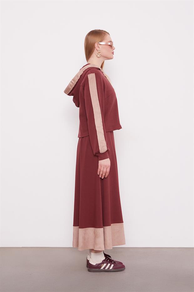 Bordo Kısa Hırkalı Fermuar Kapamalı Etek Takım