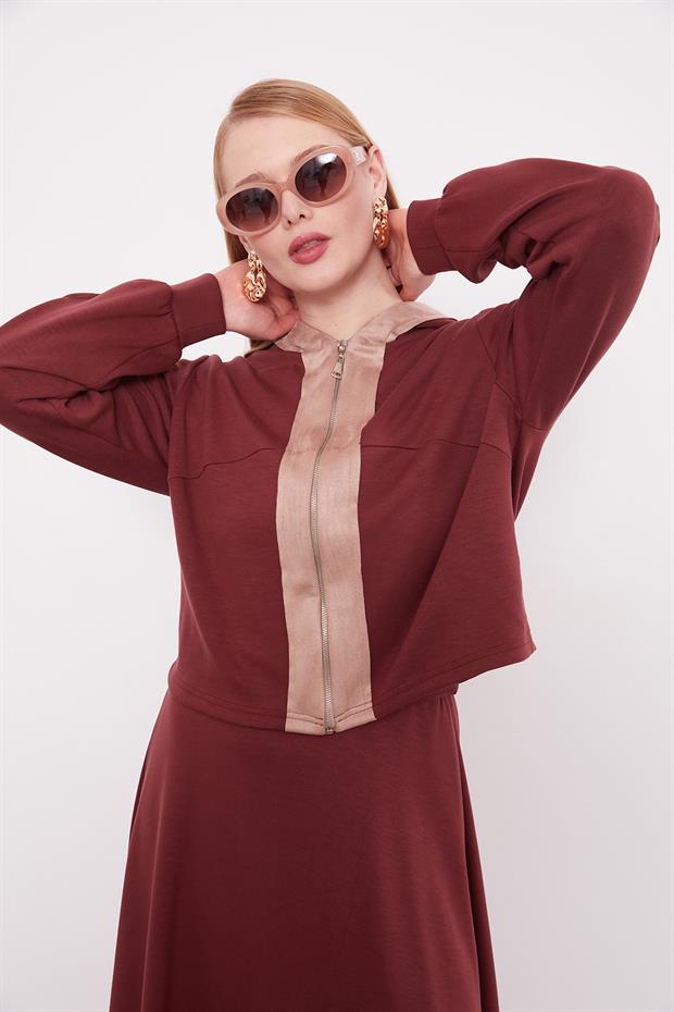 Bordo Kısa Hırkalı Fermuar Kapamalı Etek Takım