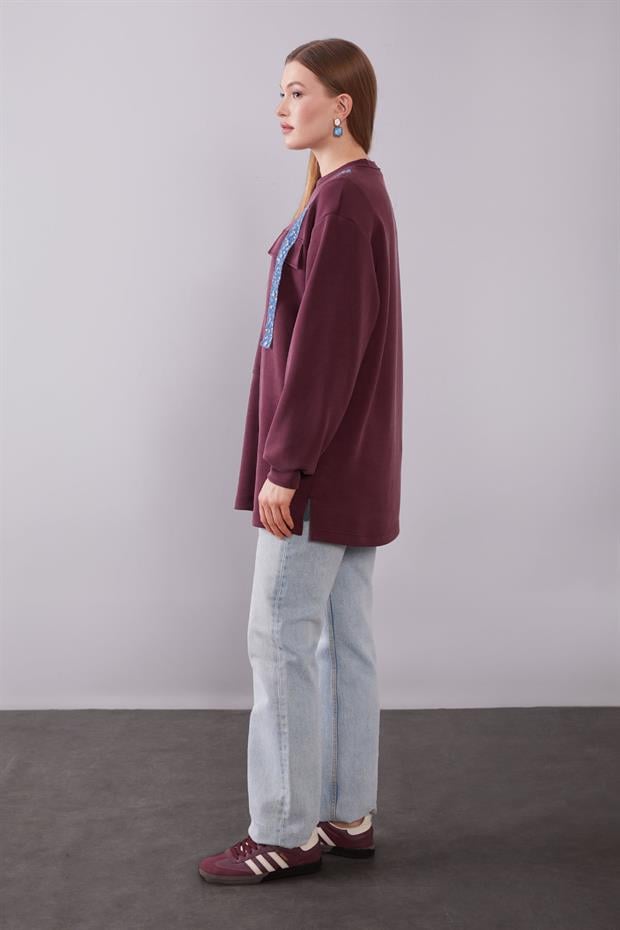 Bordo Kot Şerit Detaylı Sweat