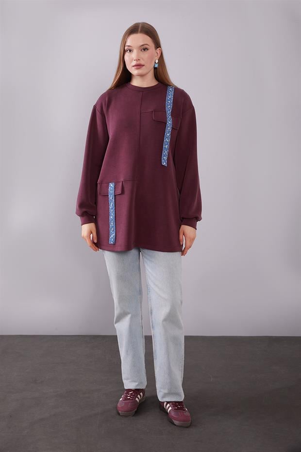 Bordo Kot Şerit Detaylı Sweat