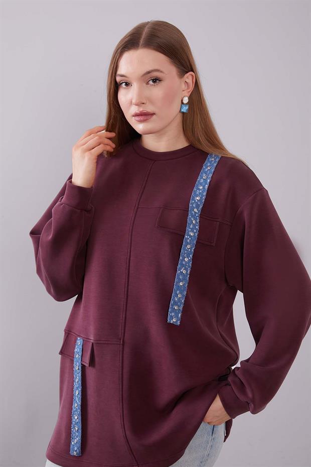 Bordo Kot Şerit Detaylı Sweat