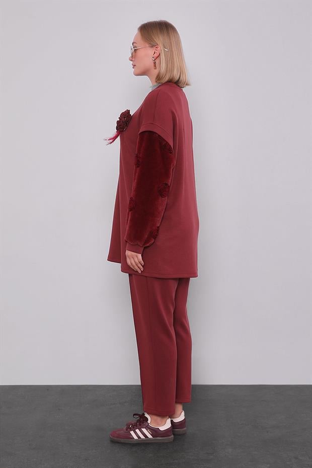 Bordo Kürk Kol Detaylı İkili Takım