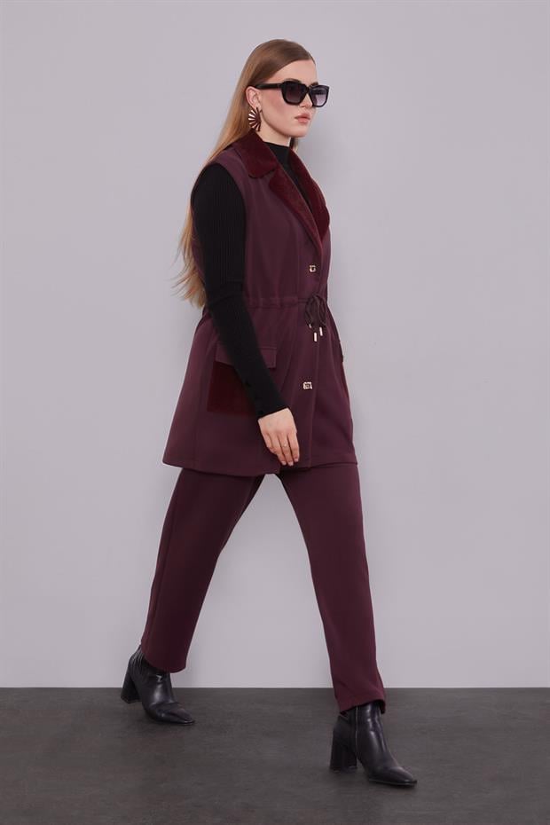 Kürk Yaka Detaylı Yelek Takım Bordo