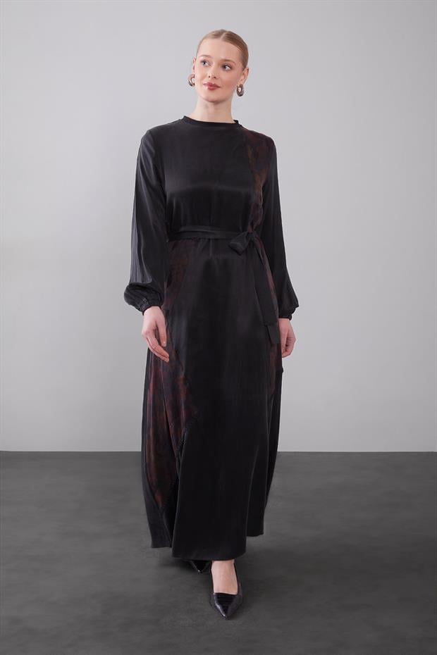 Bordo Kuşak Detaylı Kenar Desen Cupra Elbise