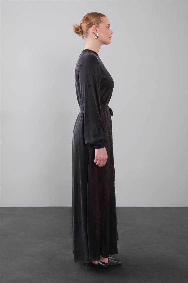 Bordo Kuşak Detaylı Kenar Desen Cupra Elbise