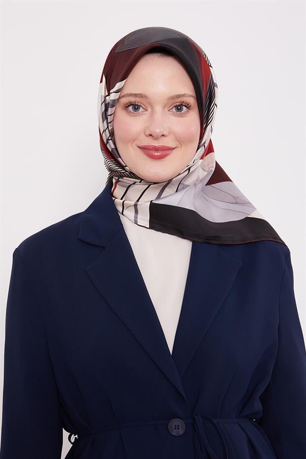 Bordo Labirent Desen Twill İpek Eşarp
