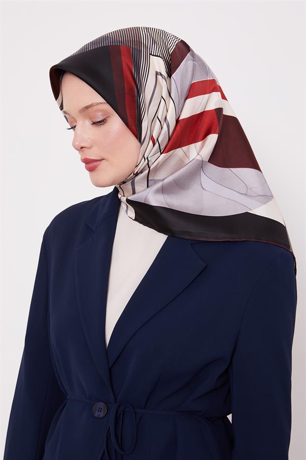 Bordo Labirent Desen Twill İpek Eşarp