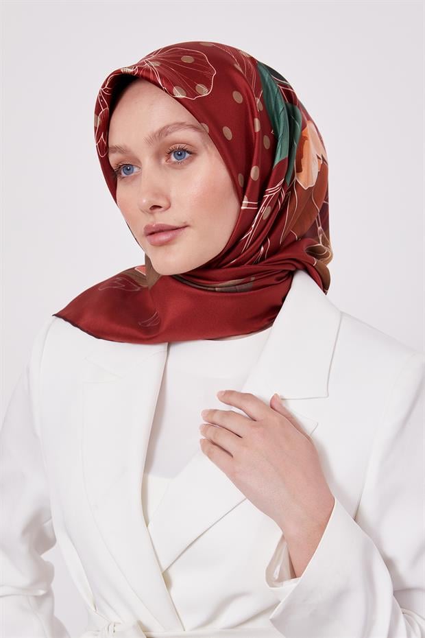 Bordo Lotus Çiçek Desen Twill İpek Eşarp