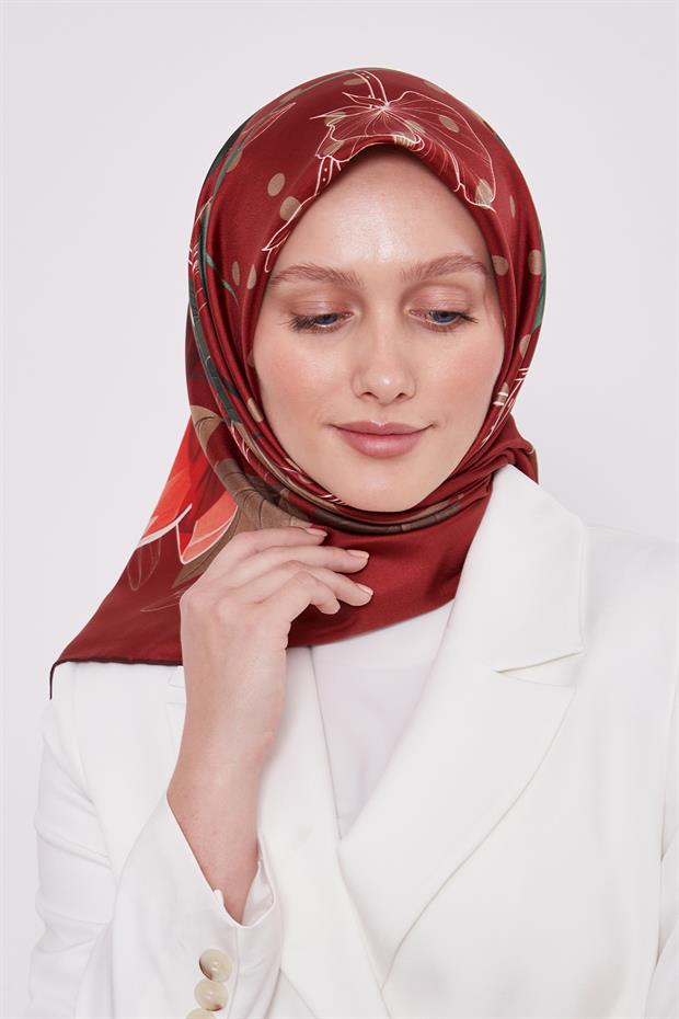 Bordo Lotus Çiçek Desen Twill İpek Eşarp