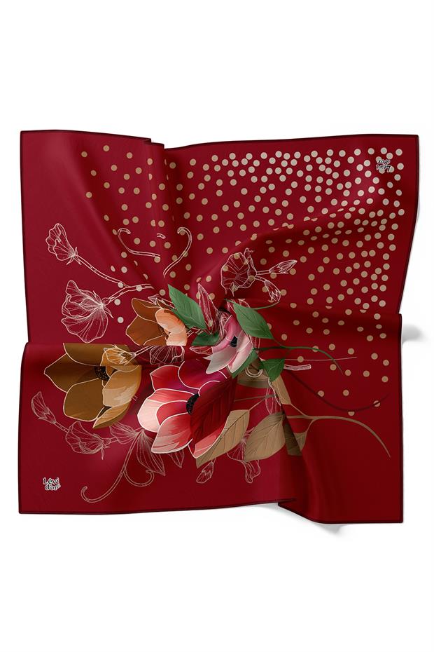 Bordo Lotus Çiçek Desen Twill İpek Eşarp