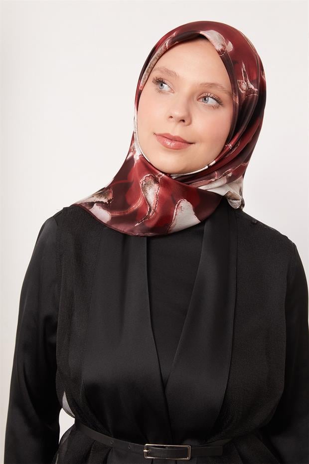 Bordo Lotus Çiçek Twill İpek Eşarp