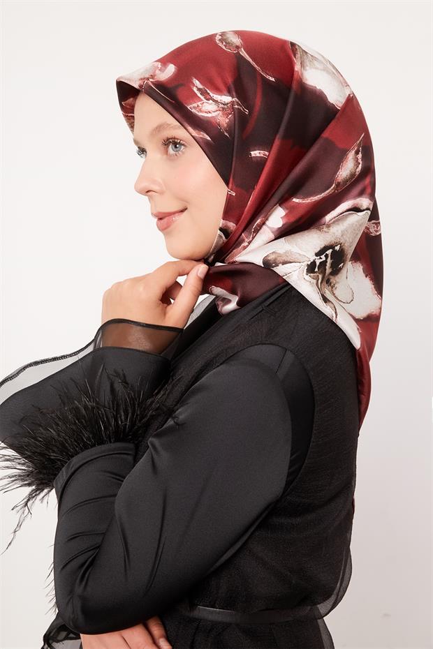 Bordo Lotus Çiçek Twill İpek Eşarp