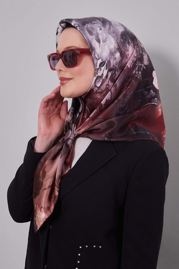 Bordo Menekşe Desen Sura İpek Eşarp