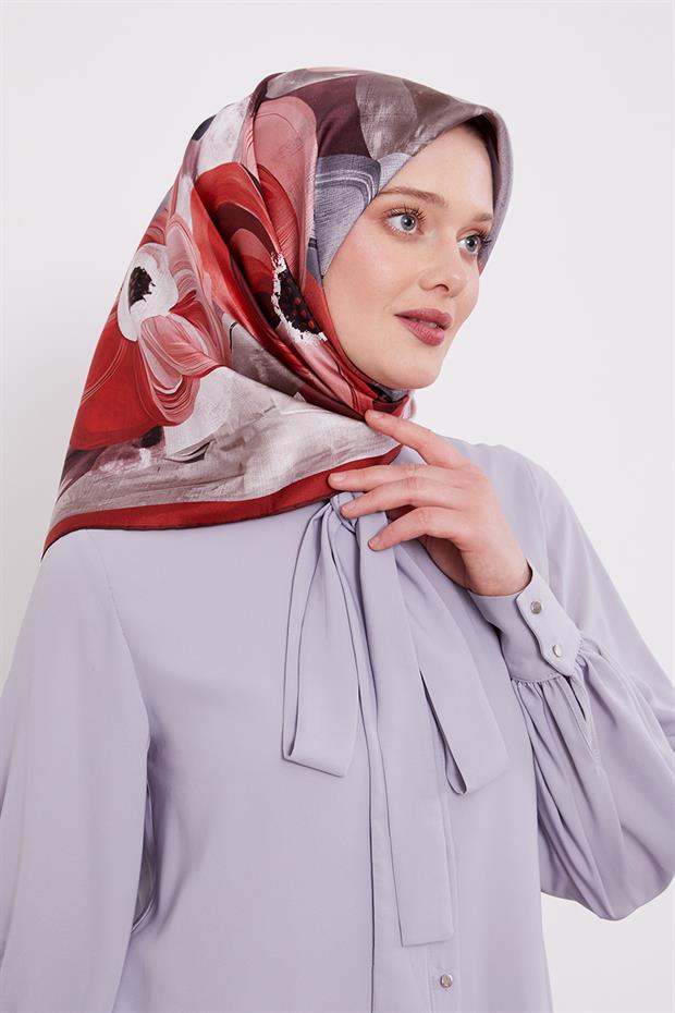 Bordo Menekşe Desen Twill İpek Eşarp