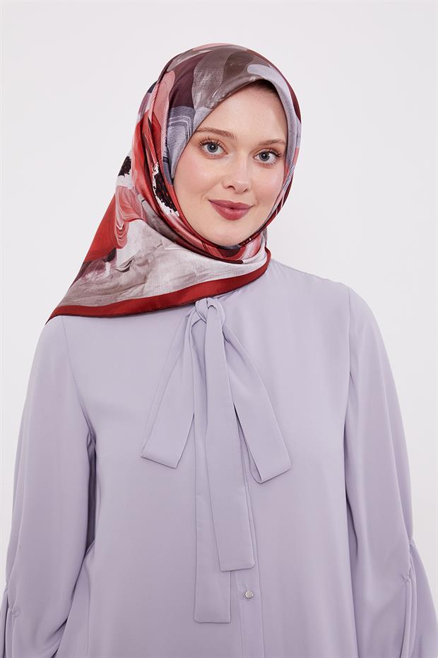 Bordo Menekşe Desen Twill İpek Eşarp
