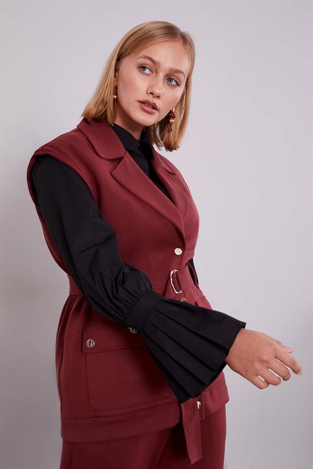 Bordo Metal Kuşak Detaylı İkili Takım