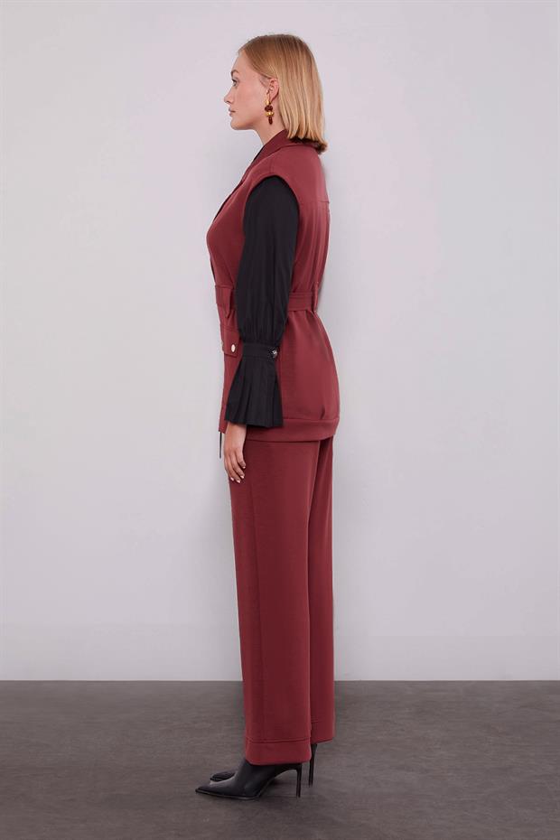 Bordo Metal Kuşak Detaylı İkili Takım