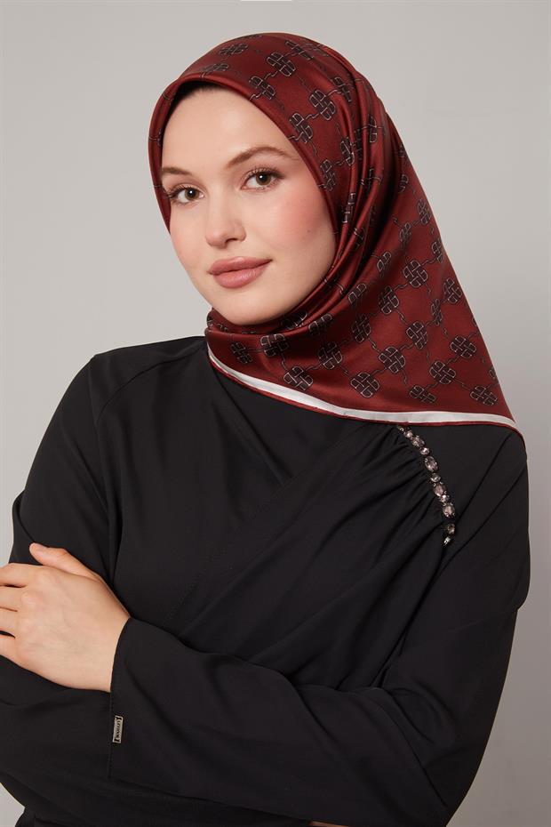 Bordo Mini Yonca Desen Twill İpek Eşarp