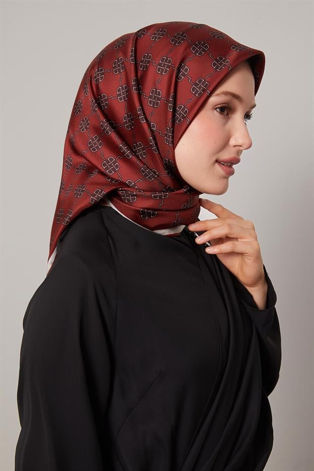 Bordo Mini Yonca Desen Twill İpek Eşarp