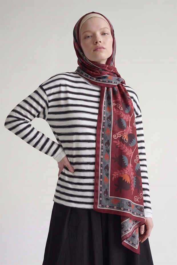 Bordo Nar Desenli Royal Şal