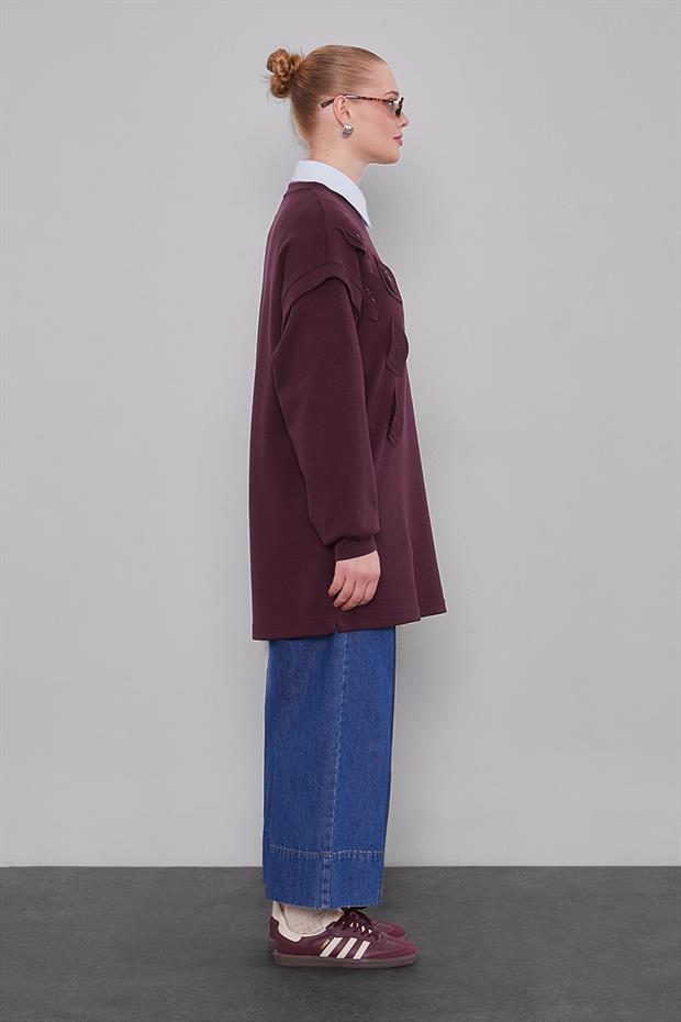Bordo Omuz Manşet Detaylı Sweat