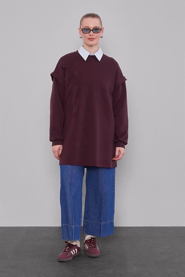 Bordo Omuz Manşet Detaylı Sweat