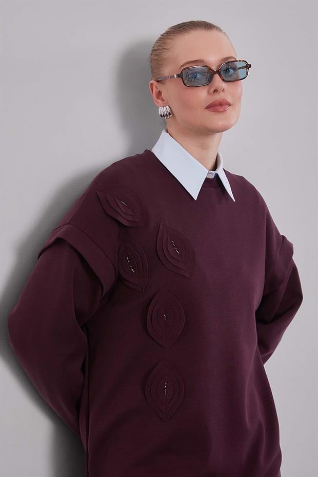 Bordo Omuz Manşet Detaylı Sweat