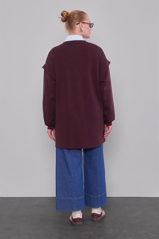 Bordo Omuz Manşet Detaylı Sweat