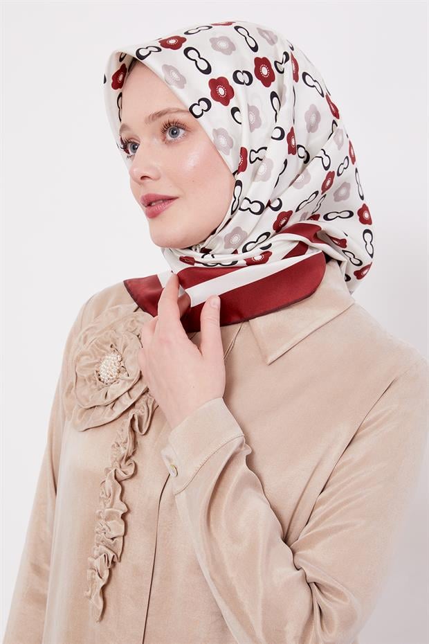 Bordo Papatya Desen Twill İpek Eşarp
