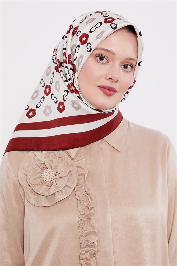 Bordo Papatya Desen Twill İpek Eşarp