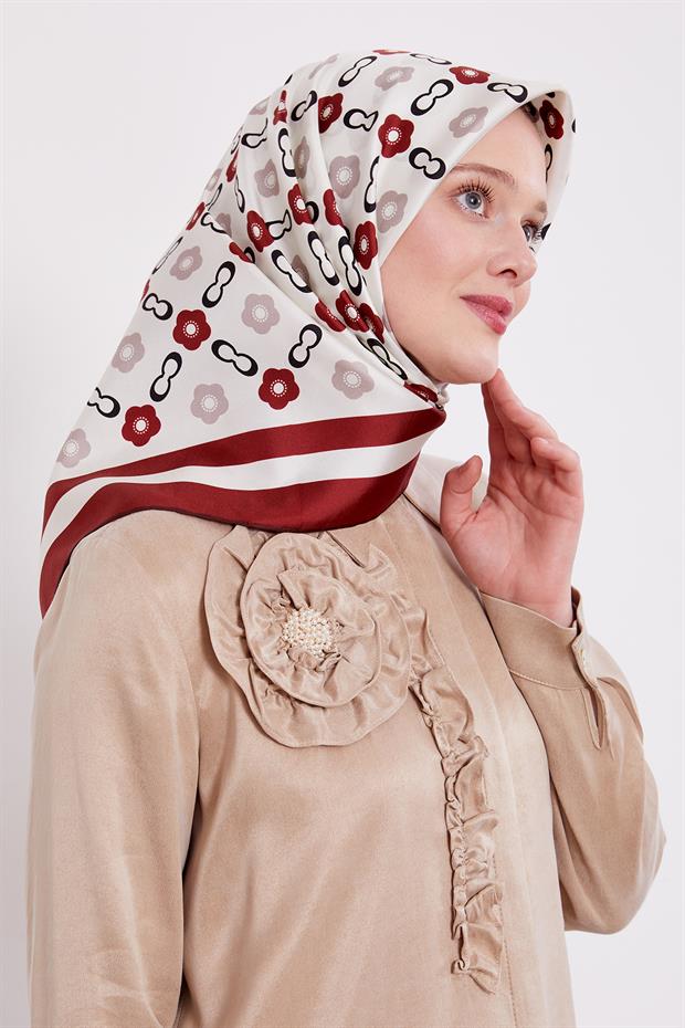 Bordo Papatya Desen Twill İpek Eşarp