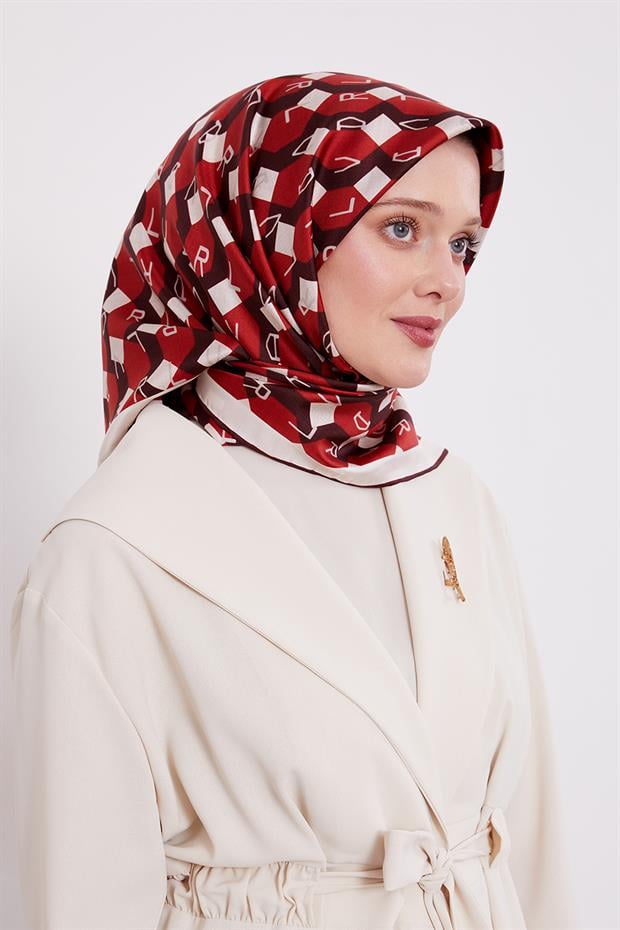 Bordo Petek Baskılı Twill İpek Eşarp