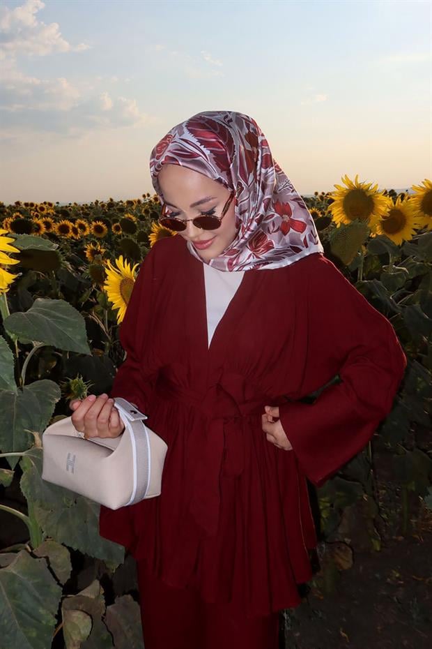 Bordo Petunya Desen Twill İpek Eşarp