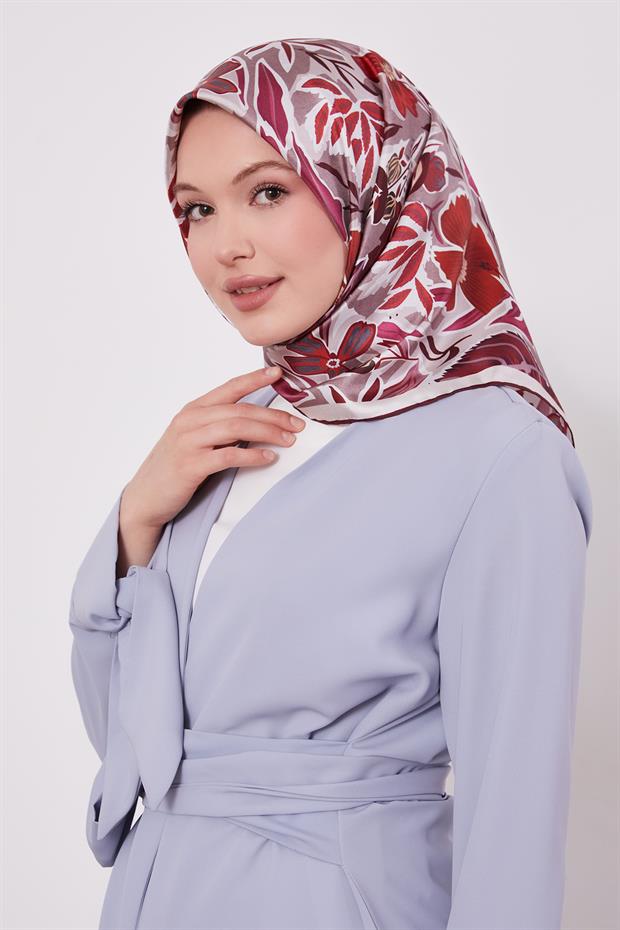 Bordo Petunya Desen Twill İpek Eşarp