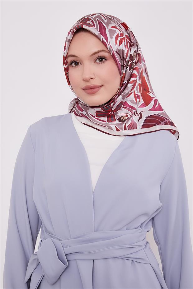 Bordo Petunya Desen Twill İpek Eşarp