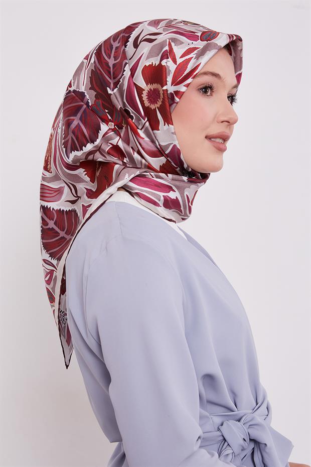 Bordo Petunya Desen Twill İpek Eşarp