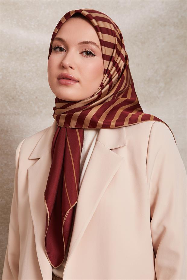 Bordo Şerit Desenli Twill İpek Eşarp