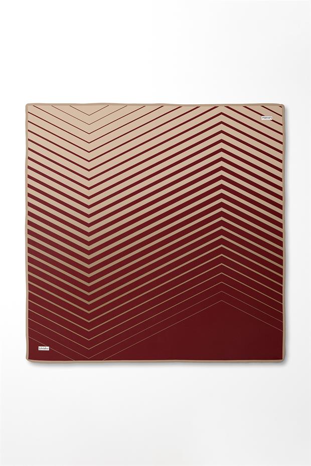 Bordo Şerit Desenli Twill İpek Eşarp