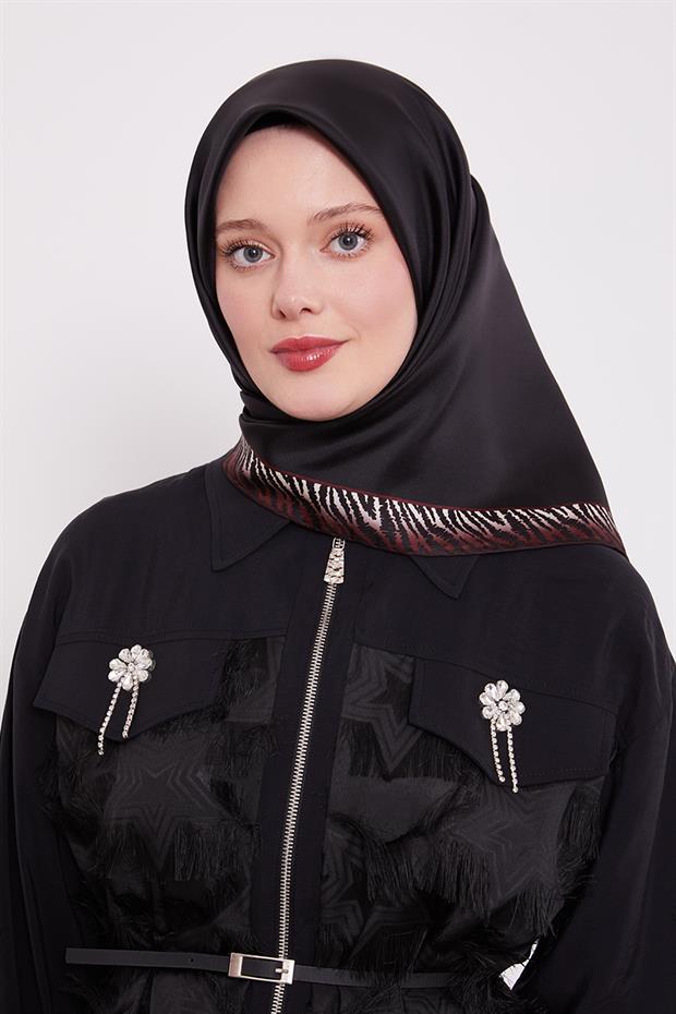 Bordo - Siyah Kenar Leopar Desen Twill İpek Eşarp