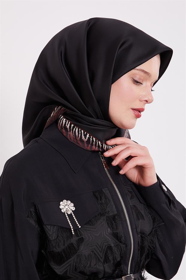 Bordo - Siyah Kenar Leopar Desen Twill İpek Eşarp