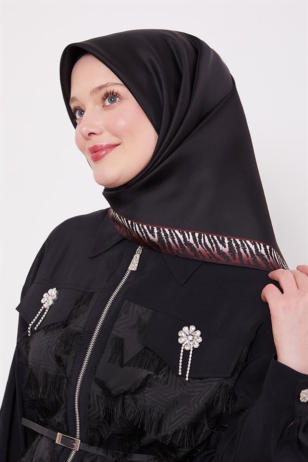 Bordo - Siyah Kenar Leopar Desen Twill İpek Eşarp